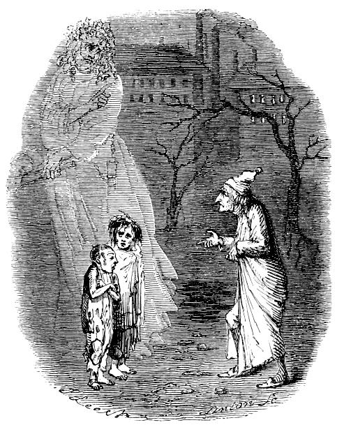 An illustration of the children Ignorance and Want represents Dickens's lesson for mankind, from the original 1843 edition. (Public Domain)