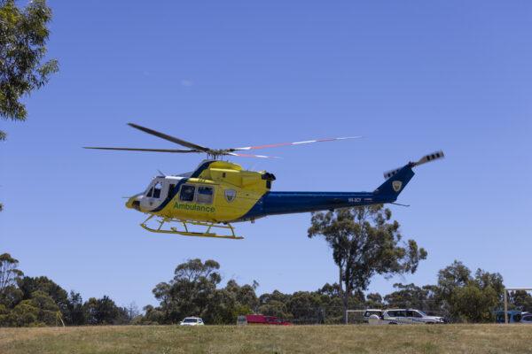 Ambulance helicopter on scene at Hillcrest Primary School in Devonport, Tasmania, Australia, on Dec. 16, 2021. (AAP Image/Grant Wells)