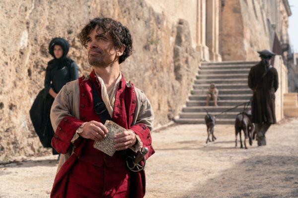 Cyrano (Peter Dinklage) on the street, in “Cyrano.” (MGM/Bron Creative/Working Title Films)