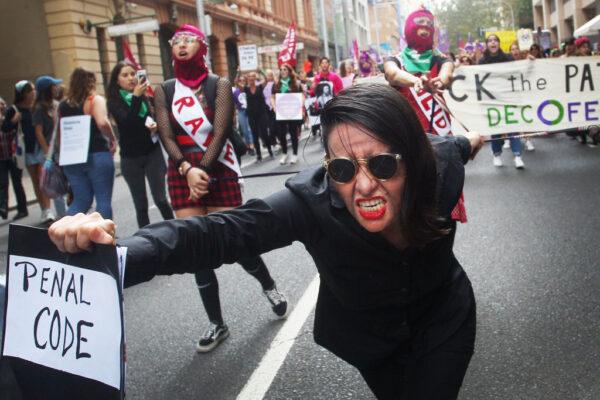 Women march along Castlereagh Street in solidarity with those in South America during the Sydney International Women's Day march in Sydney, Australia, on March 7, 2020. (Lisa Maree Williams/Getty Images)
