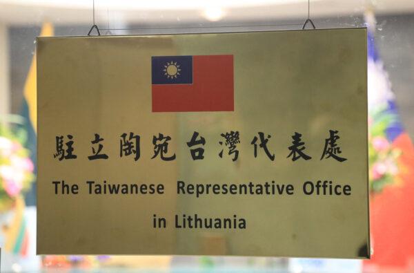 The name plaque at the Taiwanese Representative Office in Vilnius, Lithuania, on Nov. 18, 2021. (Petras Malukas/AFP via Getty Images)