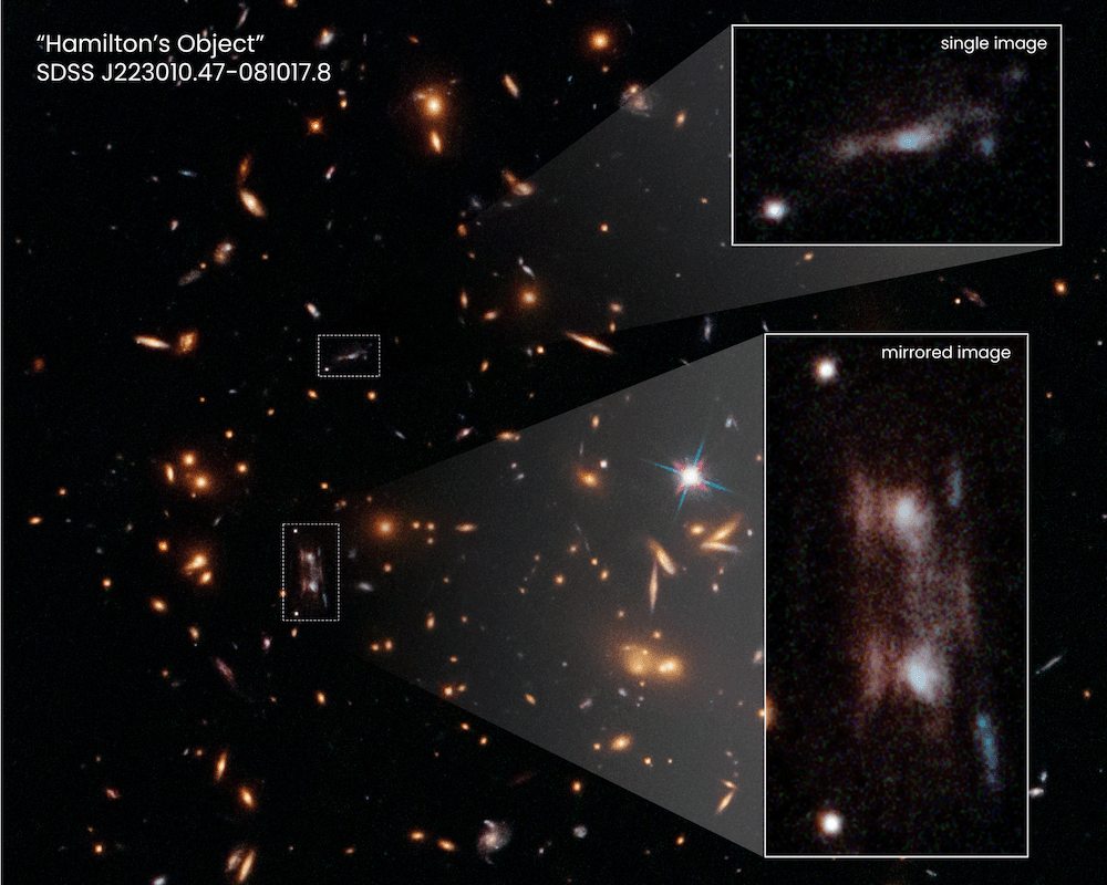 "Hamilton's Object" (Courtesy of <a href="https://hubblesite.org/contents/news-releases/2021/news-2021-046">NASA, ESA, Richard E. Griffiths (UH Hilo)</a>; Co-author: Jenny Wagner (ZAH); Image processing: Joseph DePasquale (STScI)
