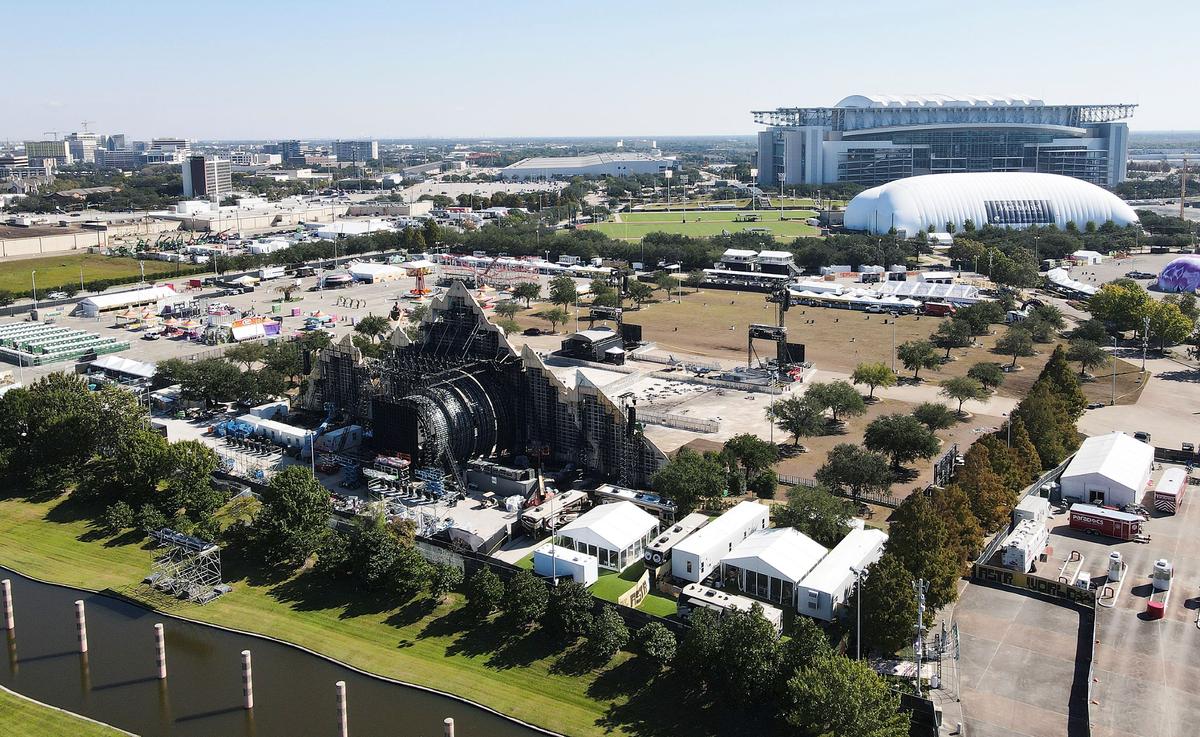 This image taken with a drone, shows the stage area at Astroworld in Houston, on Nov. 6, 2021. (Elizabeth Conley/Houston Chronicle via AP)