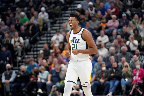 Utah Jazz center Hassan Whiteside (21) reacts in the first half during an NBA basketball game against the Los Angeles Clippers in Salt Lake City, on Dec. 15, 2021. (Rick Bowmer/AP Photo)