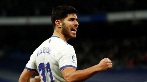 Real Madrid's Marco Asensio celebrates a goal during the match between Real Madrid and Atletico Madrid, in Santiago Bernabeu, Madrid, Spain, on Dec. 12, 2021. (Sergio Perez/Reuters)