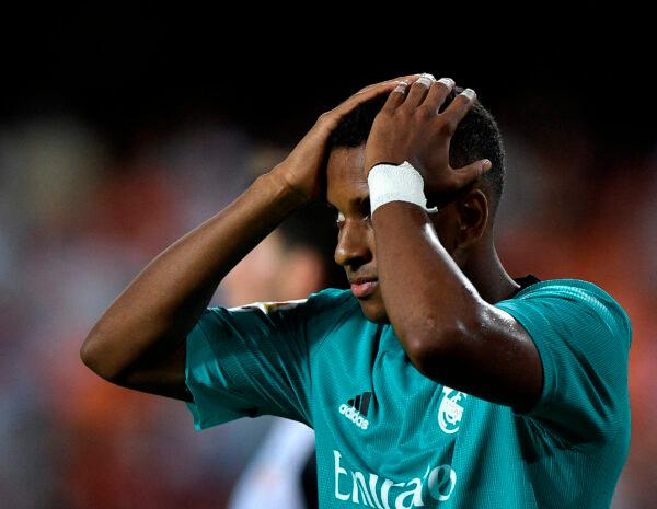 Real Madrid's Rodrygo reacts during a match in Valencia, Spain, on Sept. 19, 2021. (Pablo Morano/Reuters)