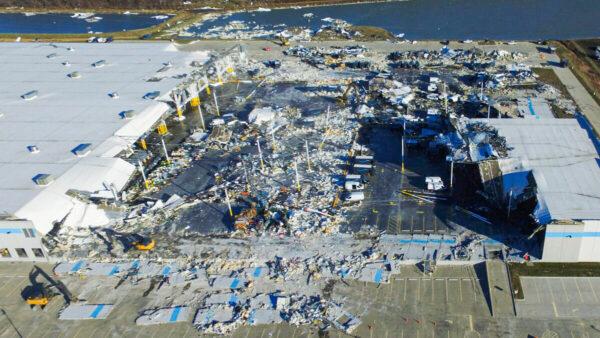 The site of a roof collapse at an Amazon distribution center a day after a series of tornadoes struck multiple states, in Edwardsville, Ill., on Dec. 11, 2021. (Drone Base/Reuters)
