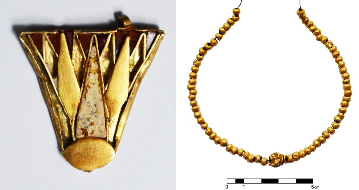 (Left) Egyptian lotus jewelry with inlaid stones (ca. 1350 B.C.); the Egyptian Queen Nefertiti wore similar adornments; (Right) A gold necklace found with the remains of a 5-year-old. (Courtesy of <a href="https://www.gu.se/en">University of Gothenburg</a>)
