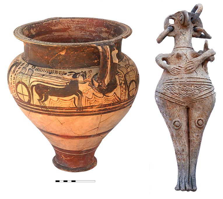(L) A large ceramic vessel with war chariots from Greece (ca. 1350 B.C.); (R) In the tombs, the archeologists found ceramic figurines of goddesses with bird faces such as this one portraying a goddess with a bird’s head, holding a child that is half bird and half human. (Courtesy of <a href="https://www.gu.se/en">University of Gothenburg</a>)
