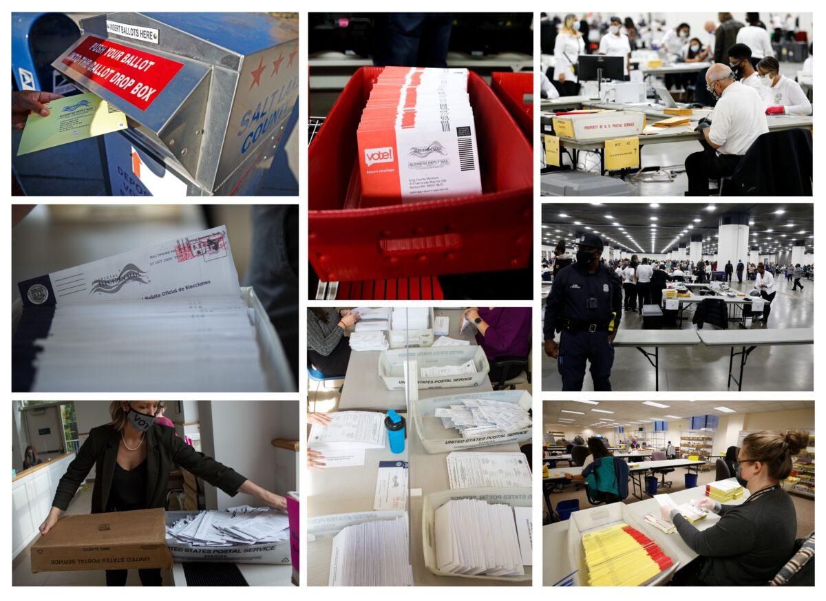 This combination of pictures mail-in ballots being processed in states across the country between Oct. 29 and Nov. 3, 2020. (George Frey, Kena Betancur, Jason Redmond, JefF Kowalsky/AFP via Getty Images)