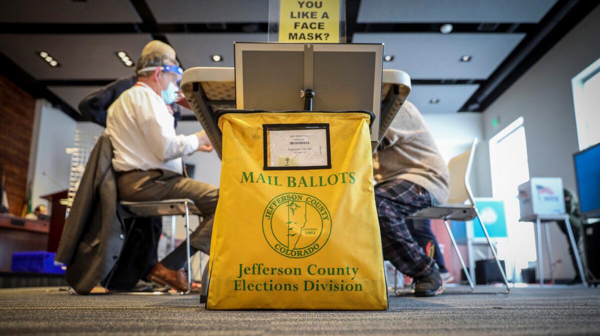 A mail-in ballot collection box is seen at Edgewater City Hall in Edgewater, Colo., on Nov. 3, 2020. (Marc Piscotty/Getty Images)