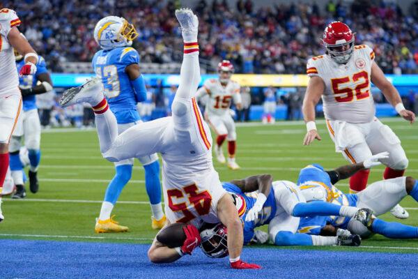 Kansas City Chiefs fullback Michael Burton scores a touchdown during the first half of an NFL football game against the Los Angeles Chargers, in Inglewood, Calif., on Dec. 16, 2021. (Marcio Jose Sanchez/AP Photo)