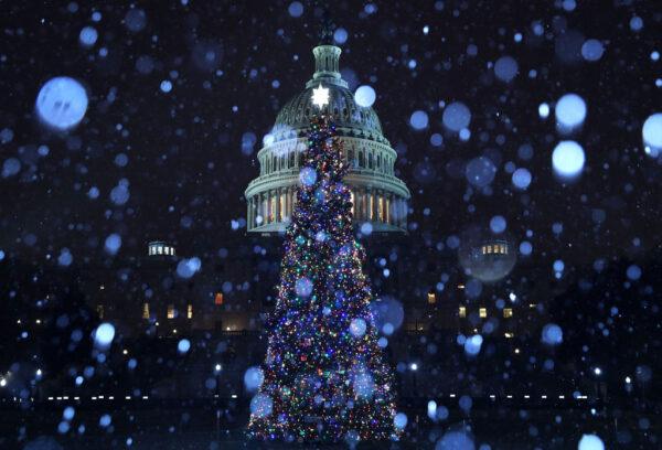 A wintry mix of sleet and snow falls on the U.S. Capitol and its Christmas Tree in Washington, D.C. on Dec. 16, 2019. (Mark Wilson/Getty Images)