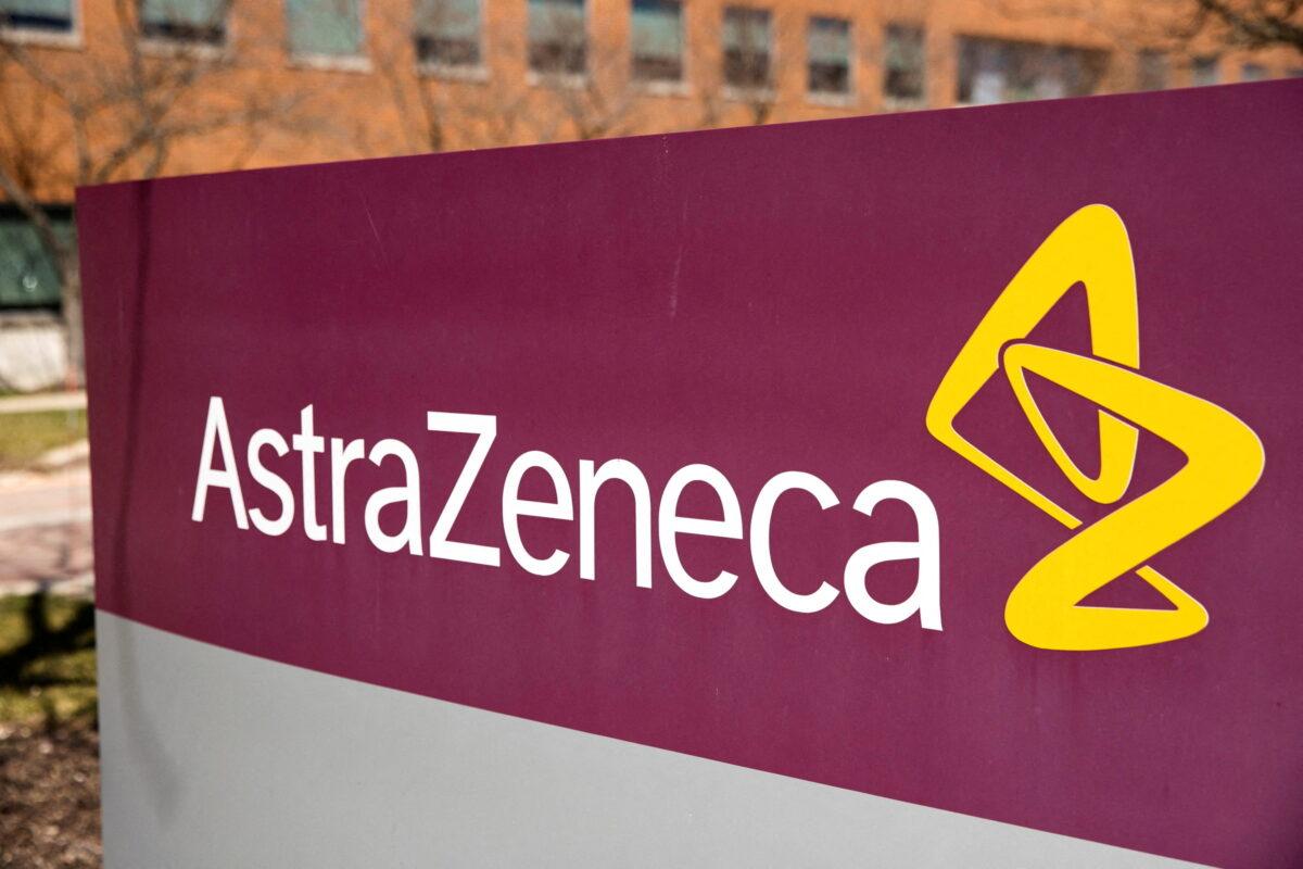 The logo of AstraZeneca outside its North America headquarters in Wilmington, Del., on March 22, 2021. (Rachel Wisniewski/Reuters)