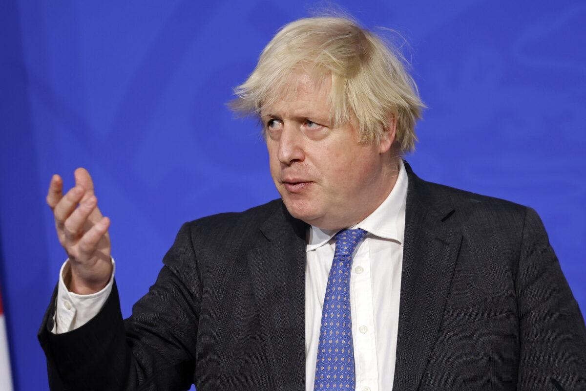 Prime Minister Boris Johnson during a media briefing on COVID-19 in Downing Street, London, on Dec. 15, 2021. (Tolga Akmen/PA)