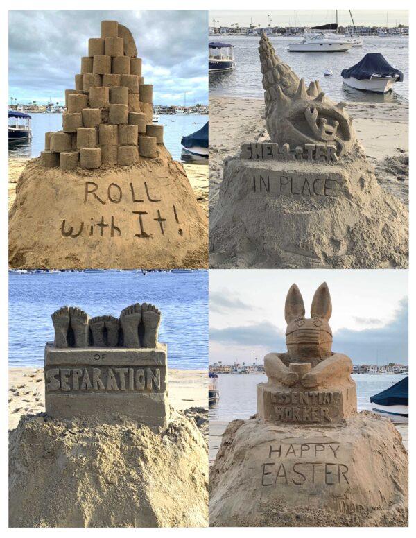 Four of Chris Crosson's COVID-19 sandcastle creations. (Courtesy of Chris Crosson)
