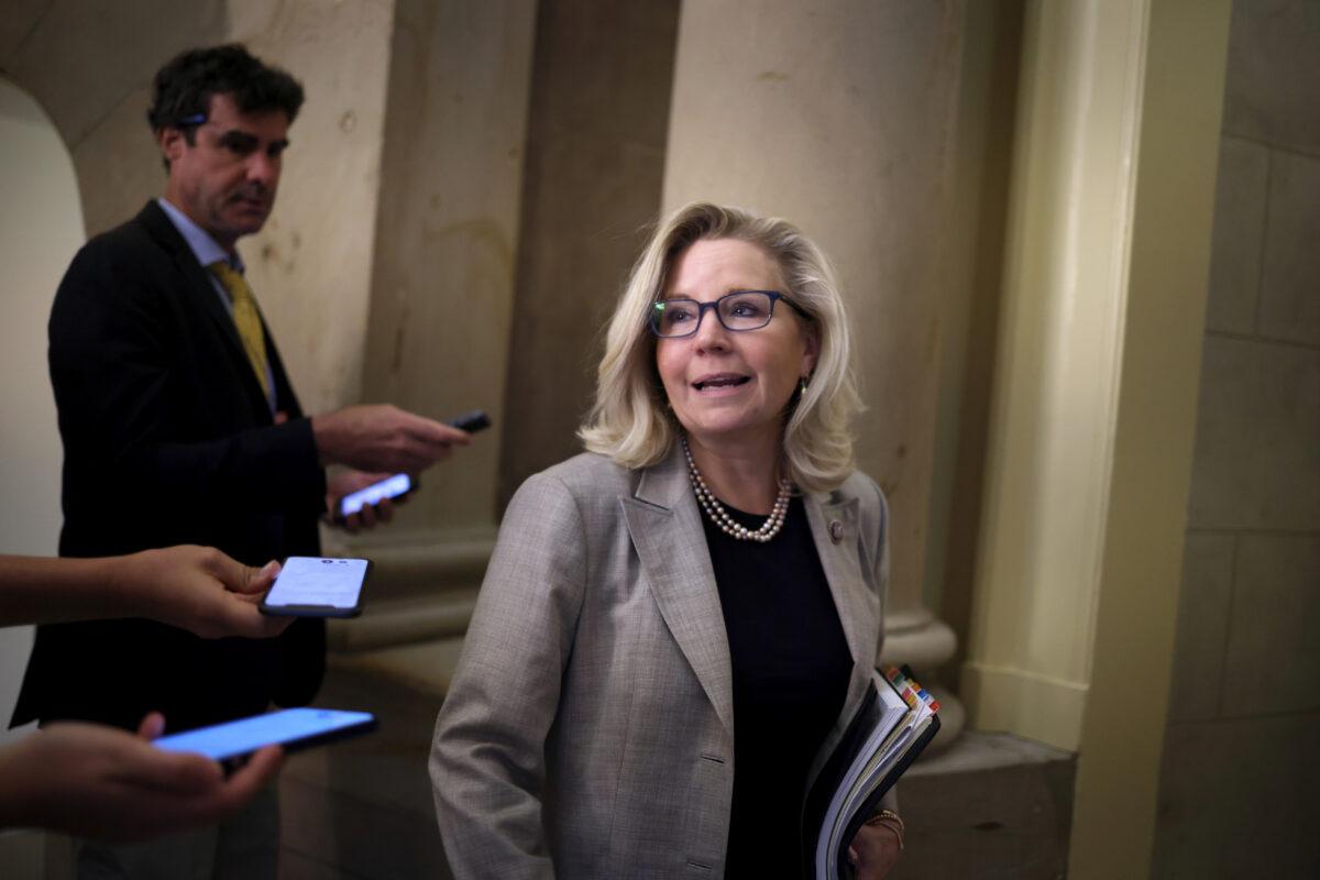 Rep. Liz Cheney (R-Wyo.) arrives at House Speaker Nancy Pelosi’s (D-Calif.) office for a meeting with members of the select committee investigating the Jan. 6 events, on July 22, 2021. (Anna Moneymaker/Getty Images)