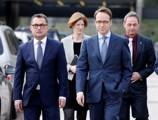 The President of the German Bundesbank Jens Weidmann (R) and then board member Joachim Nagel (L) on their way to the annual press conference in Frankfurt, Germany, on Feb. 24, 2016. (Michael Probst/AP Photo)