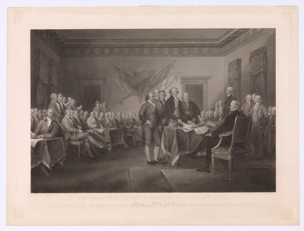 Engraving “The Declaration of Independence, July 4, 1776,” by Waterman Lilly Ormby, 1876, based on John Trumbull’s painting. (Public Domain)