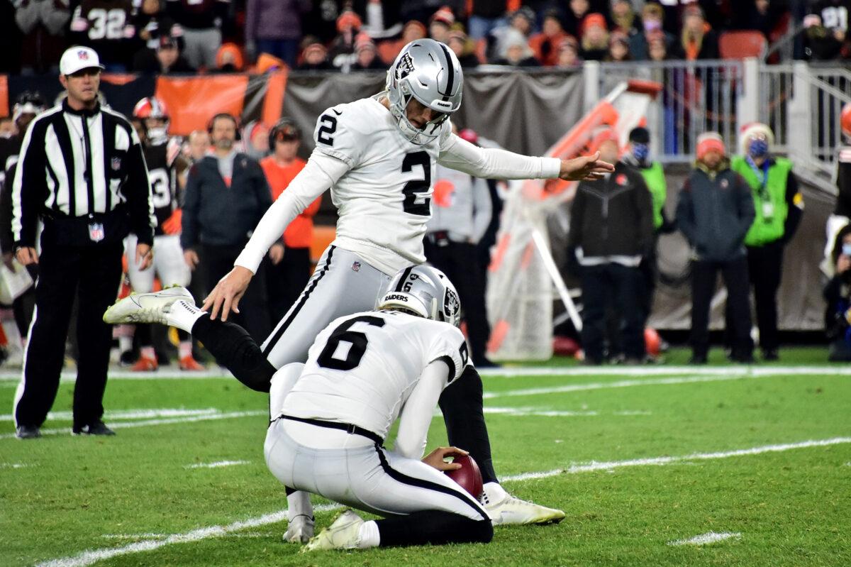 Daniel Carlson #2 of the Las Vegas Raiders kicks a 24-yard field goal in the first half at FirstEnergy Stadium, in Cleveland, on Dec. 20, 2021. (Jason Miller/Getty Images)