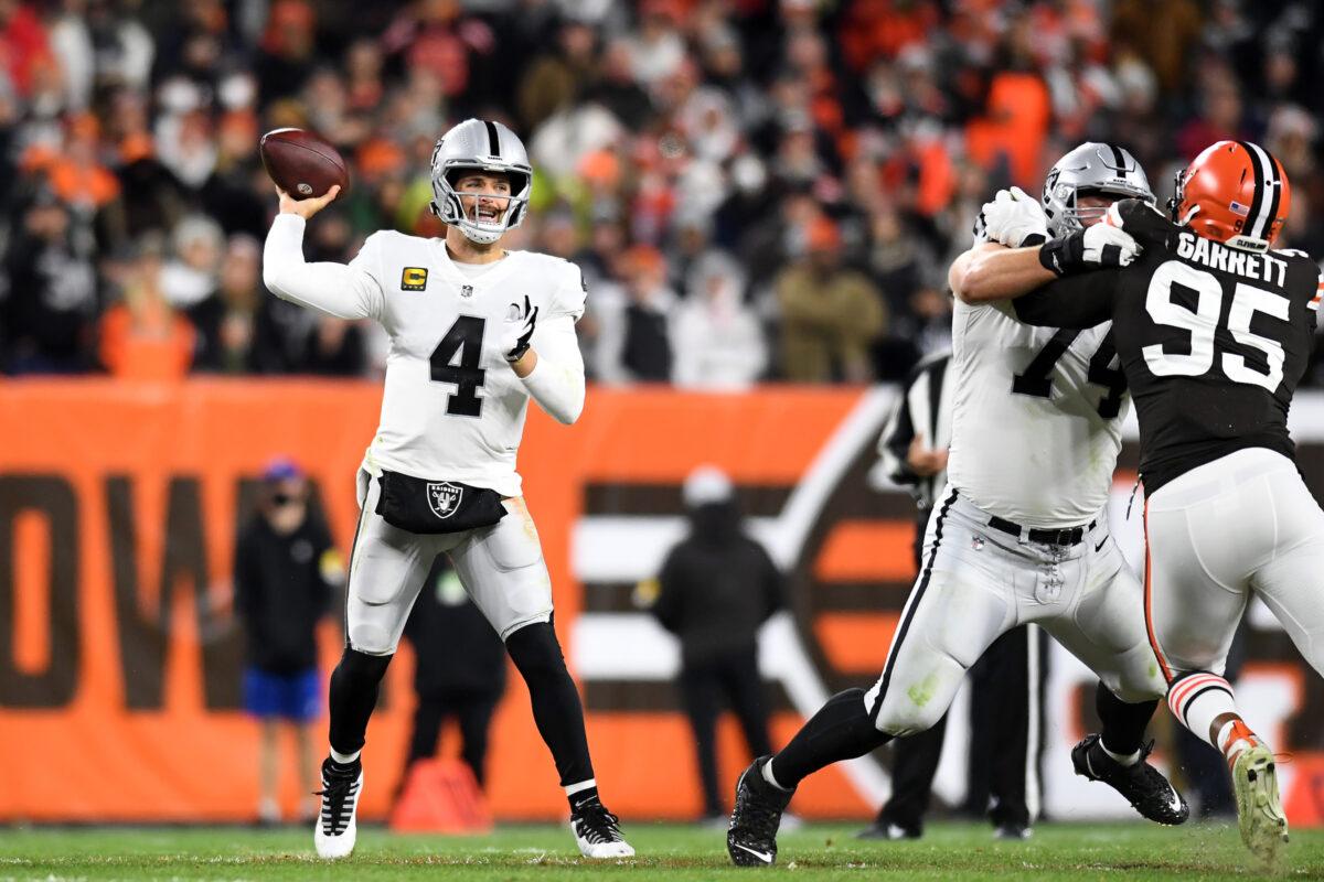 Derek Carr #4 of the Las Vegas Raiders passes the ball in the first half of the game against the Cleveland Browns at FirstEnergy Stadium, in Cleveland, on Dec. 20, 2021. (Nick Cammett/Getty Images)