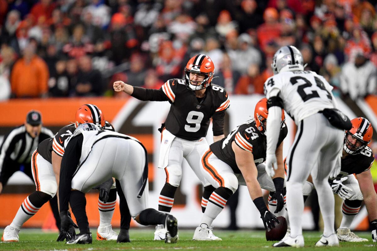 Nick Mullens #9 of the Cleveland Browns calls a play at the line of scrimmage during the first half against the Las Vegas Raiders at FirstEnergy Stadium, in Cleveland, on Dec. 20, 2021. (Jason Miller/Getty Images)