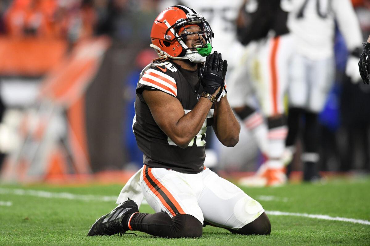 M.J. Stewart #36 of the Cleveland Browns reacts in the second quarter of the game against the Las Vegas Raiders at FirstEnergy Stadium in Cleveland, on Dec. 20, 2021. (Nick Cammett/Getty Images)