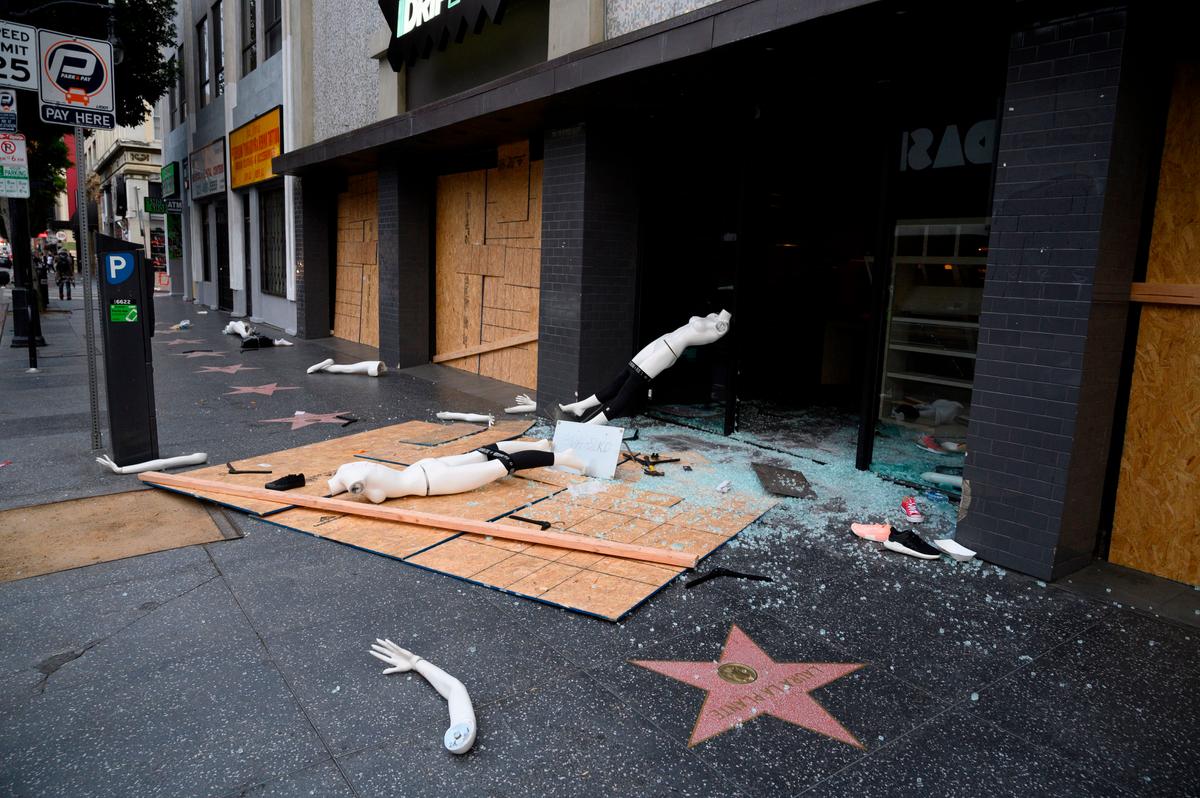 A mannequin is seen on the street after a store was broken into in Hollywood, Calif., on June 1, 2020. (Robyn Beck/AFP via Getty Images)