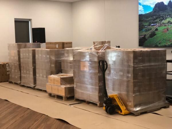 Pallets containing 1.2 million blank petitions of the 2 million total printed for physical distribution to hub sites and volunteers throughout the state of Florida are seen in a photo taken on July 6, 2021. (Mark Minck)