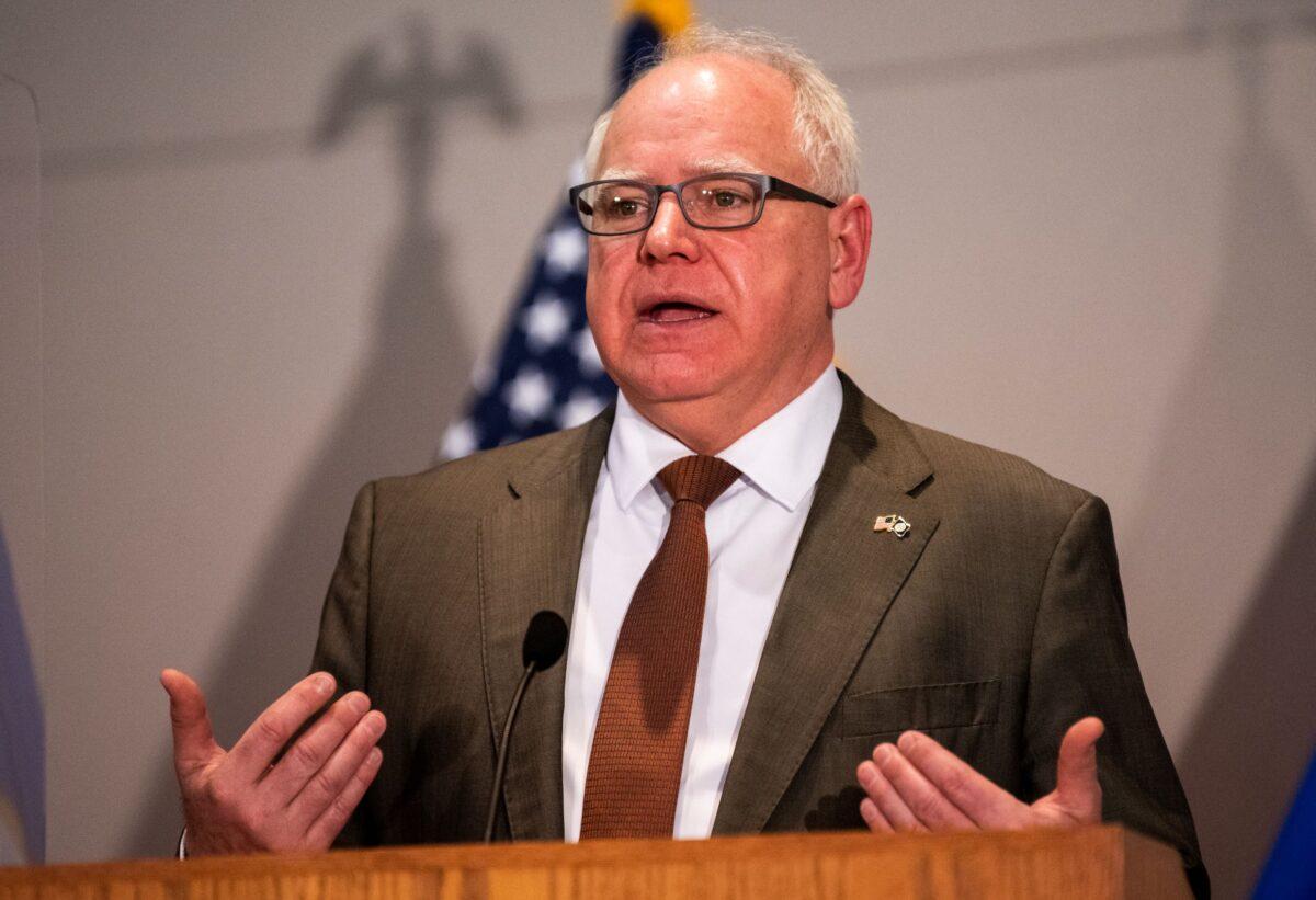 Minnesota Governor Tim Walz speaks during a press conference in St. Paul, Minn., on April 19, 2021. (Stephen Maturen/Getty Images)