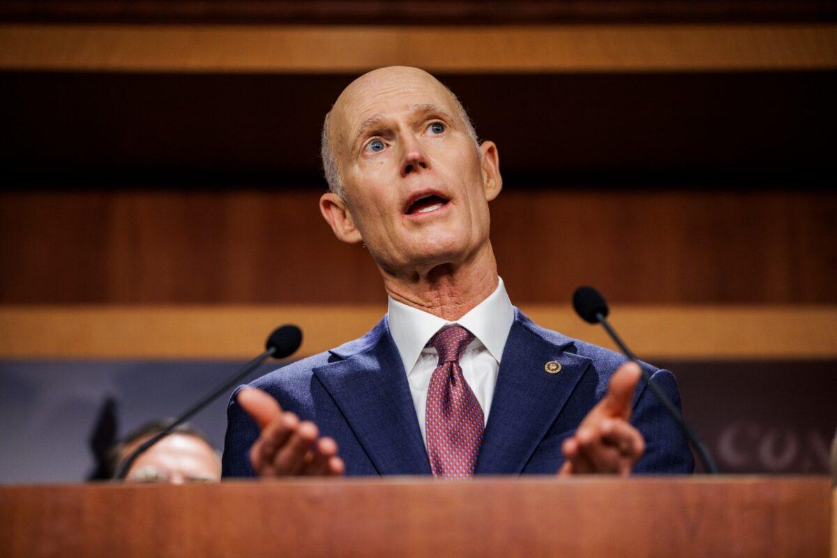Sen. Rick Scott (R-Fla.) speaks alongside other Republican senators during a press conference on rising gas and energy prices at the U.S. Capitol in Washington on Oct. 27, 2021. (Samuel Corum/Getty Images)
