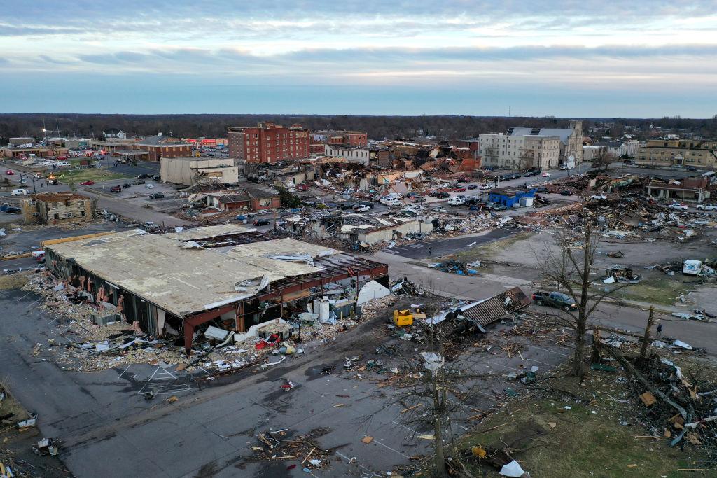 An aerial view of homes and businesses destroyed by a tornado on Dec. 11, 2021, in Mayfield, Kentucky. (Scott Olson/Getty Images)