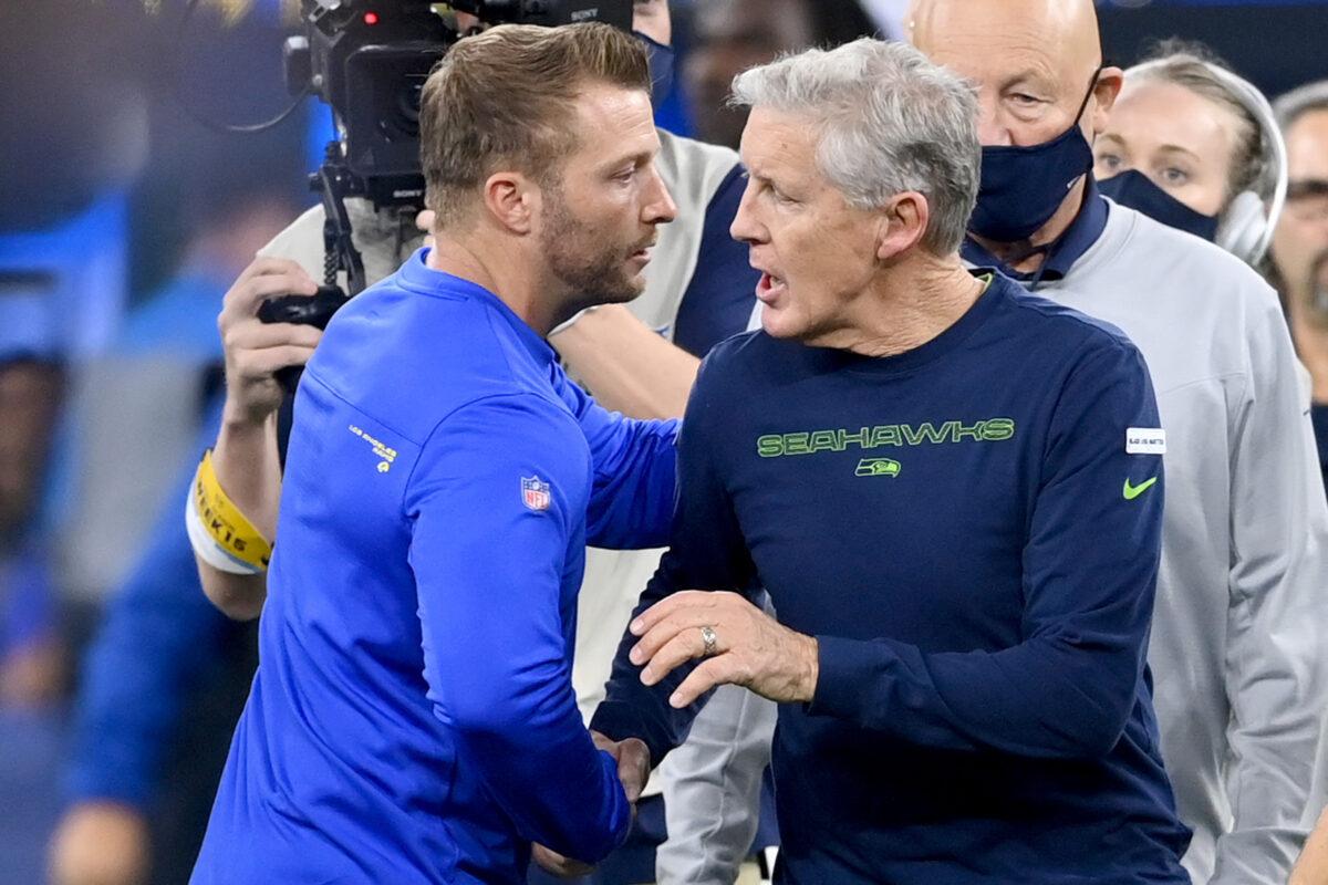 Head Coach Sean McVay of the Los Angeles Rams shakes hands with Head Coach Pete Carroll of the Seattle Seahawks after their game at SoFi Stadium, in Inglewood, Calif., on Dec. 21, 2021. (Jayne Kamin-Oncea/Getty Images)