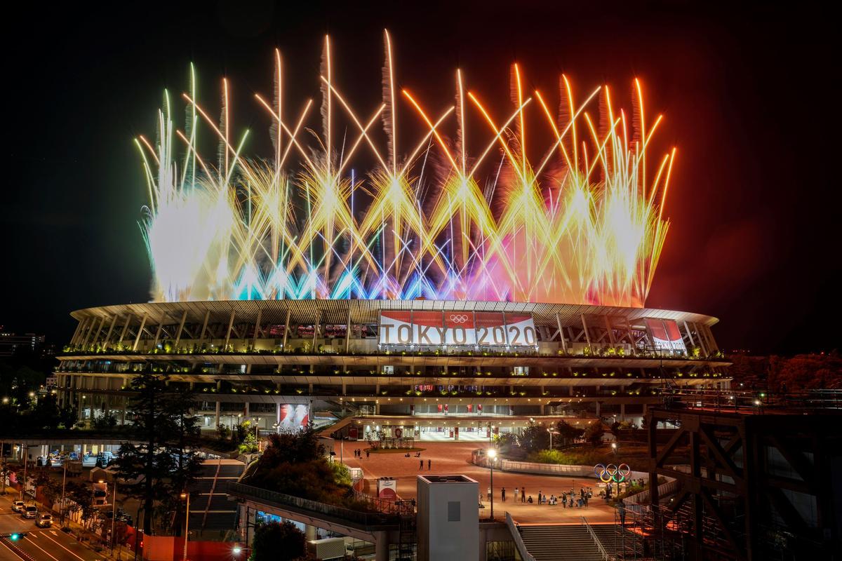 Fireworks illuminate over National Stadium during the closing ceremony of the Tokyo Olympics on Aug. 8, 2021. (Kiichiro Sato/AP Photo)