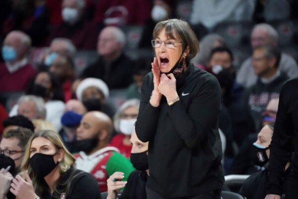 Stanford coach Tara VanDerveer shouts to players during the first half of the team's NCAA college basketball game against South Carolina, in Columbia, S.C., on Dec. 21, 2021. (Sean Rayford/AP Photo)