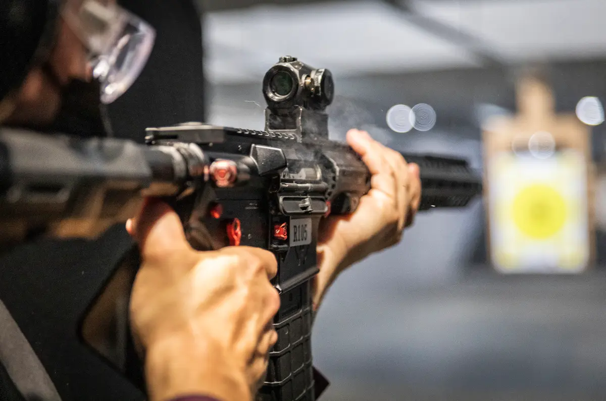 A man uses a rifle in Stanton, Calif., on May 3, 2021. (John Fredricks/The Epoch Times)