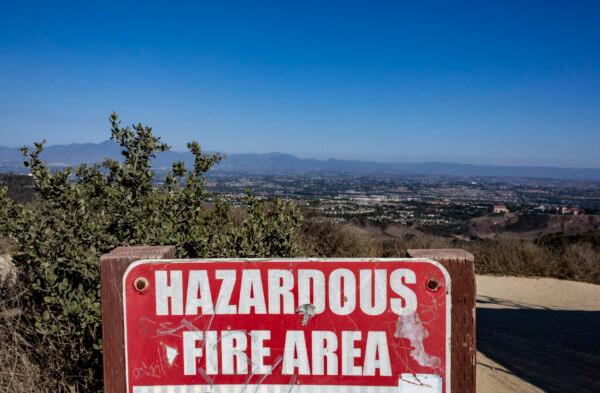 A warning sign for fires overlooks south Orange County in Laguna Beach, Calif., on Dec. 15, 2020. (John Fredricks/The Epoch Times)