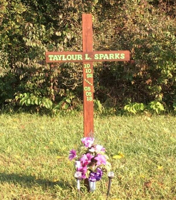 A roadside cross stands in memory of Taylour Sparks of Indiana, who was killed in a motorcycle accident on US Route 24 on May 5, 2018. (Photo courtesy of Roadsidetribute.com)