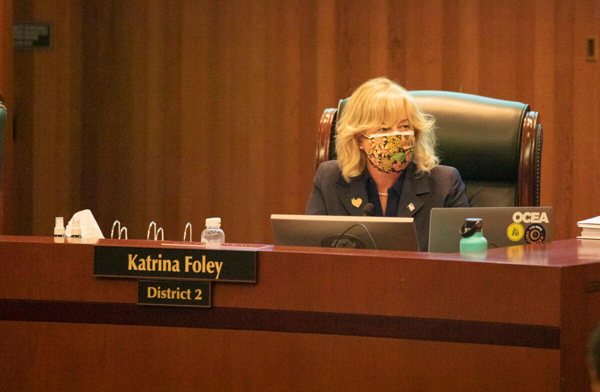 Orange County Supervisor Katrina Foley attends an Orange County Board of Supervisors meeting in Santa Ana, Calif., on Aug. 10, 2021. (John Fredricks/The Epoch Times)
