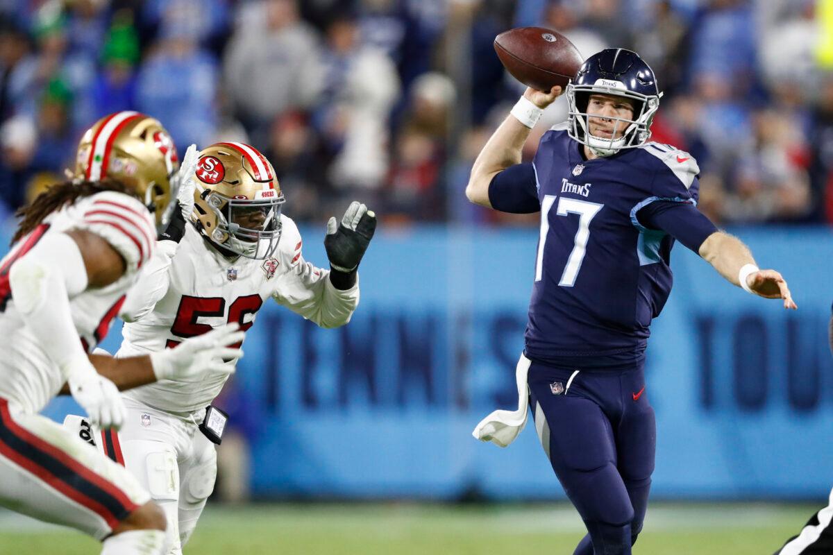 Tennessee Titans quarterback Ryan Tannehill (17) passes against the San Francisco 49ers in the second half of an NFL football game, in Nashville, on Dec. 23, 2021. (Wade Payne/AP Photo)