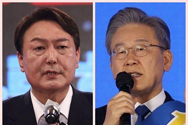 Yoon Seok-youl (L) delivers a speech on Nov. 5, 2021, in Seoul after winning the conservative People Power Party nomination. Lee Jae-myung (R) speaks during the final race to choose the ruling Democratic Party presidential candidate on Oct. 10, 2021, in Seoul. (The Epoch Times edited image via Getty Images)
