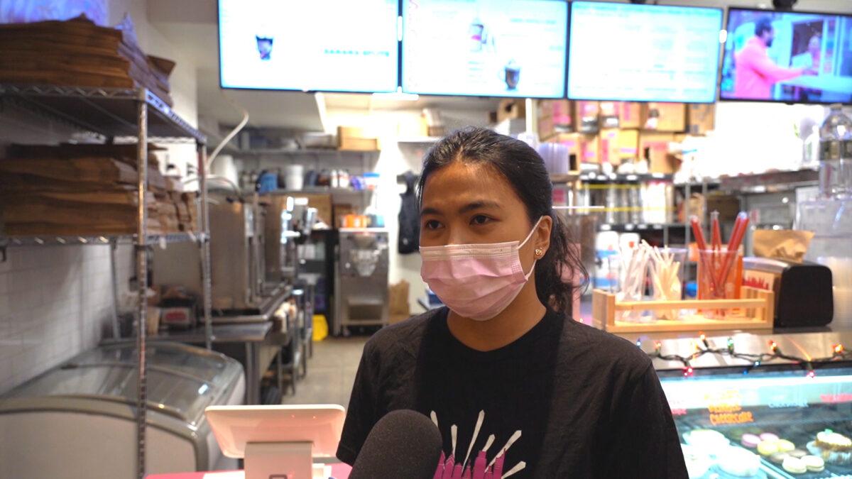 Ganne Lanuza, the manager of a dessert store in a food court close to the Liberty Bell, in Philadelphia, Pa., on Dec. 21, 2021. ( Screenshot via NTD)