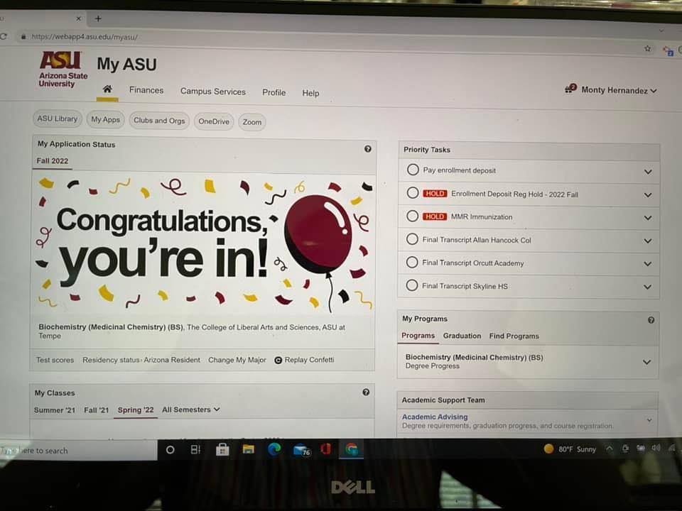 Monty's acceptance to Arizona State University. (Courtesy of <a href="https://www.facebook.com/montyhernandez2010/">Danielle Roberts-Hernandez</a>)