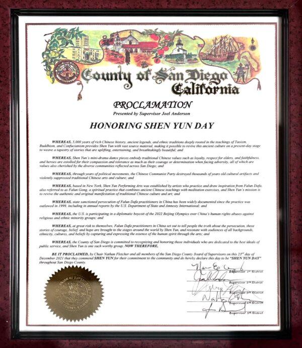 San Diego County Board of Supervisors issue a proclamation for Shen Yun Performing Arts' 2021–2022 World Tour. (The Epoch Times)