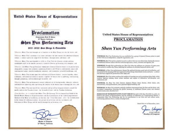 Shen Yun's proclamations from San Diego Reps. Juan Vargas and Scott Peters. (The Epoch Times)