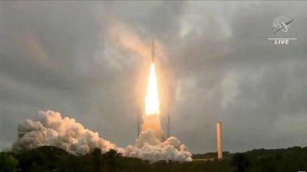 Arianespace's Ariane 5 rocket, with NASA’s James Webb Space Telescope onboard, launches from Europe’s Spaceport, the Guiana Space Center in Kourou, French Guiana, on Dec. 25, 2021, in a still image from video. (NASA/NASA TV/Handout via Reuters)