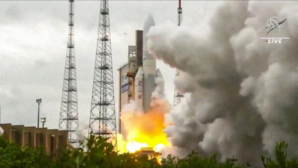 Arianespace's Ariane 5 rocket, with NASA's James Webb Space Telescope onboard, launches from Europe's Spaceport, the Guiana Space Center in Kourou, French Guiana, on Dec. 25, 2021, in a still from video. (NASA/NASA TV/Handout via Reuters)