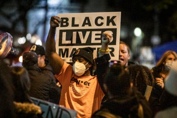 BLM activists in Los Angeles on Dec. 30, 2020. (John Fredricks/The Epoch Times)