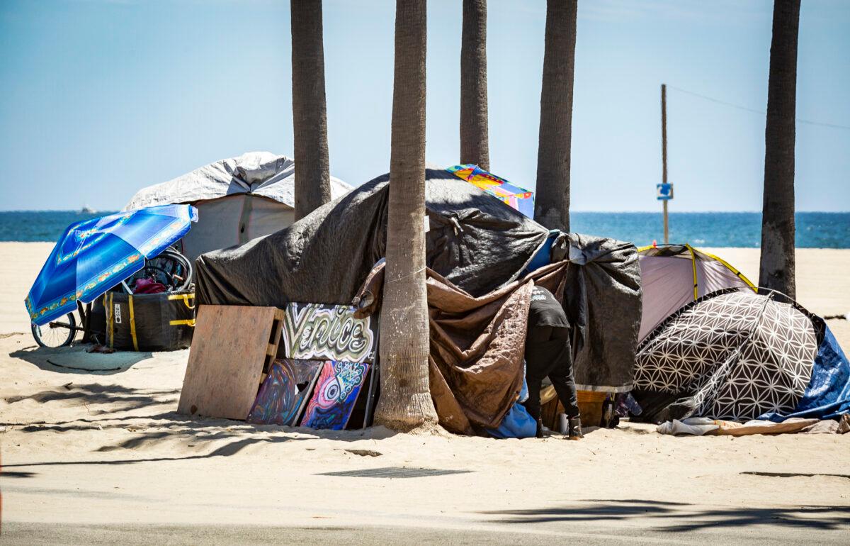 A homeless encampment near the popular boardwalk area of Venice Beach, Calif., on June 9, 2021. (John Fredricks/The Epoch Times)