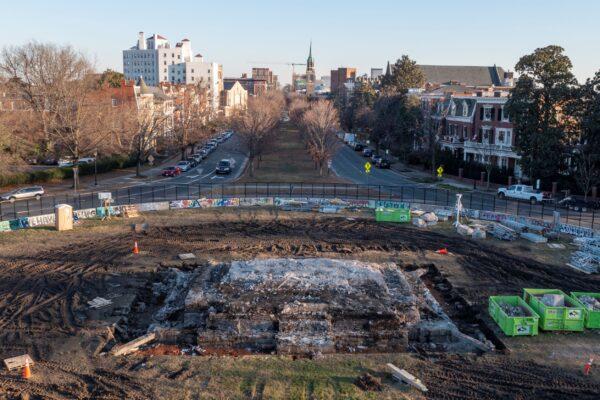 A pile of rubble is all that is left after the removal of the pedestal that once held the statue of Confederate General Robert E. Lee on Monument Ave. in Richmond, Va., on Dec. 23, 2021. (Steve Helber/AP Photo)